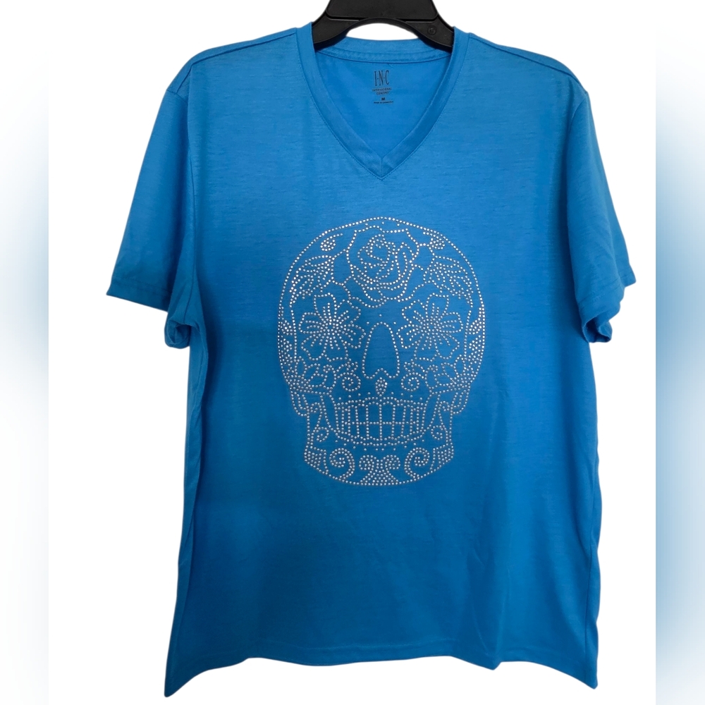 INC International Concepts Skull V neck Short Sleeve T-shirt  Blue  Size Medium
